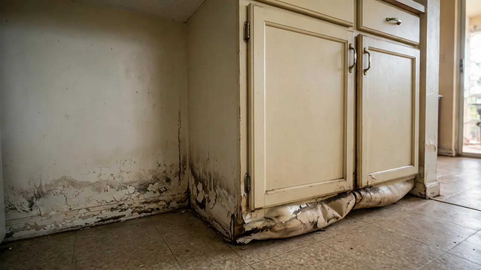 Before: Water stains and swelling at the base of a kitchen cabinet from a hidden leak