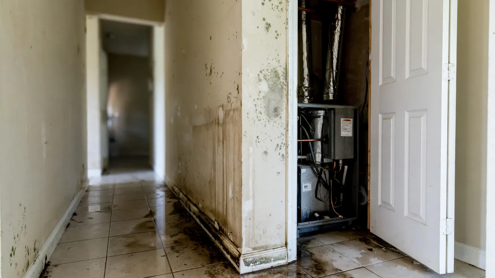 Before: Mold and water stains on drywall beside an open air handler closet
