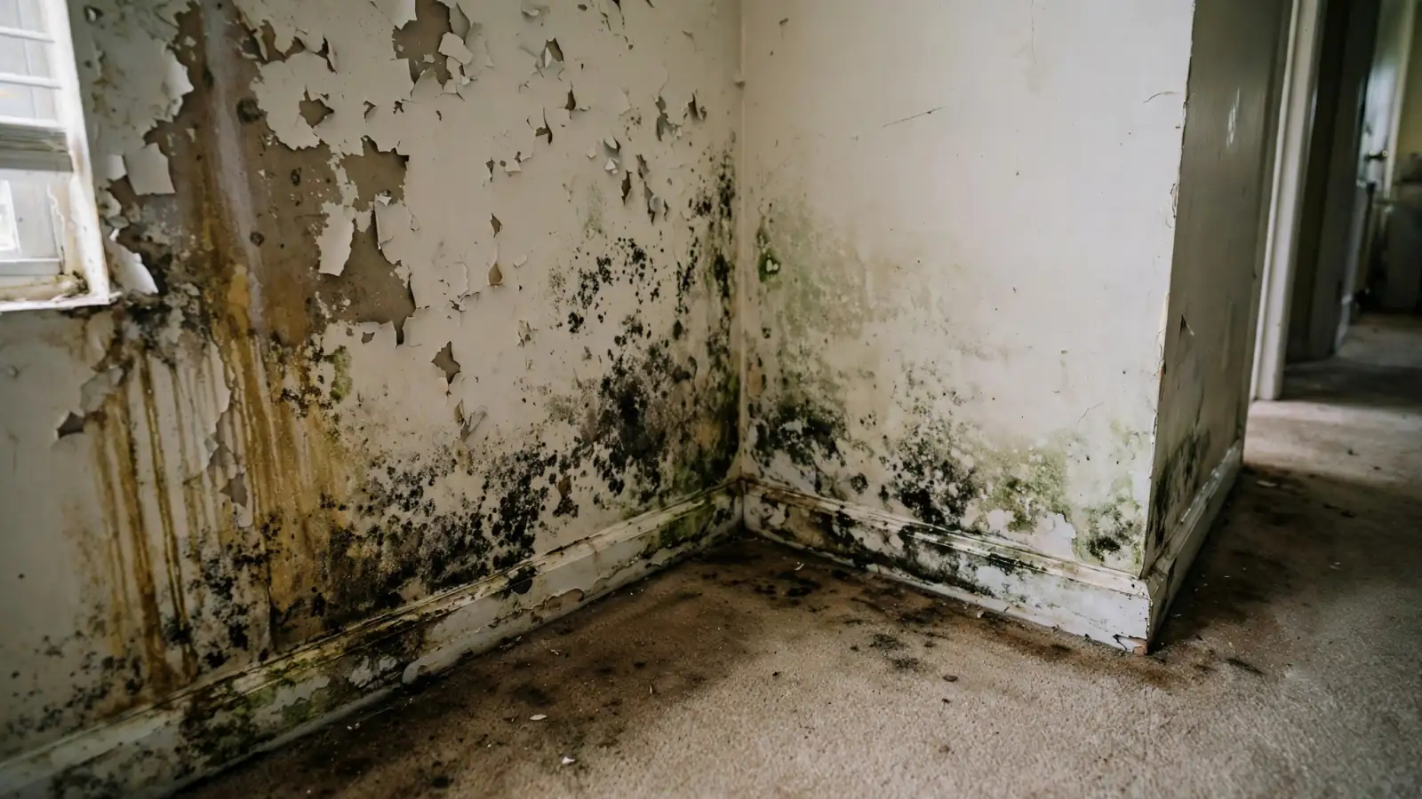 Before: Mold and peeling paint across a bedroom corner