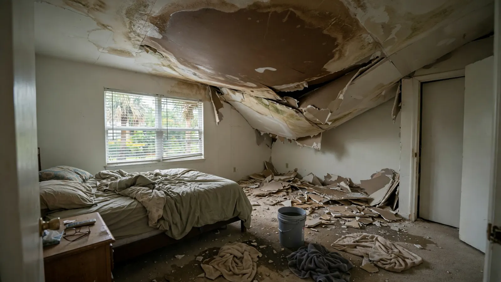 Before: Collapsed, water-soaked bedroom ceiling after a roof leak