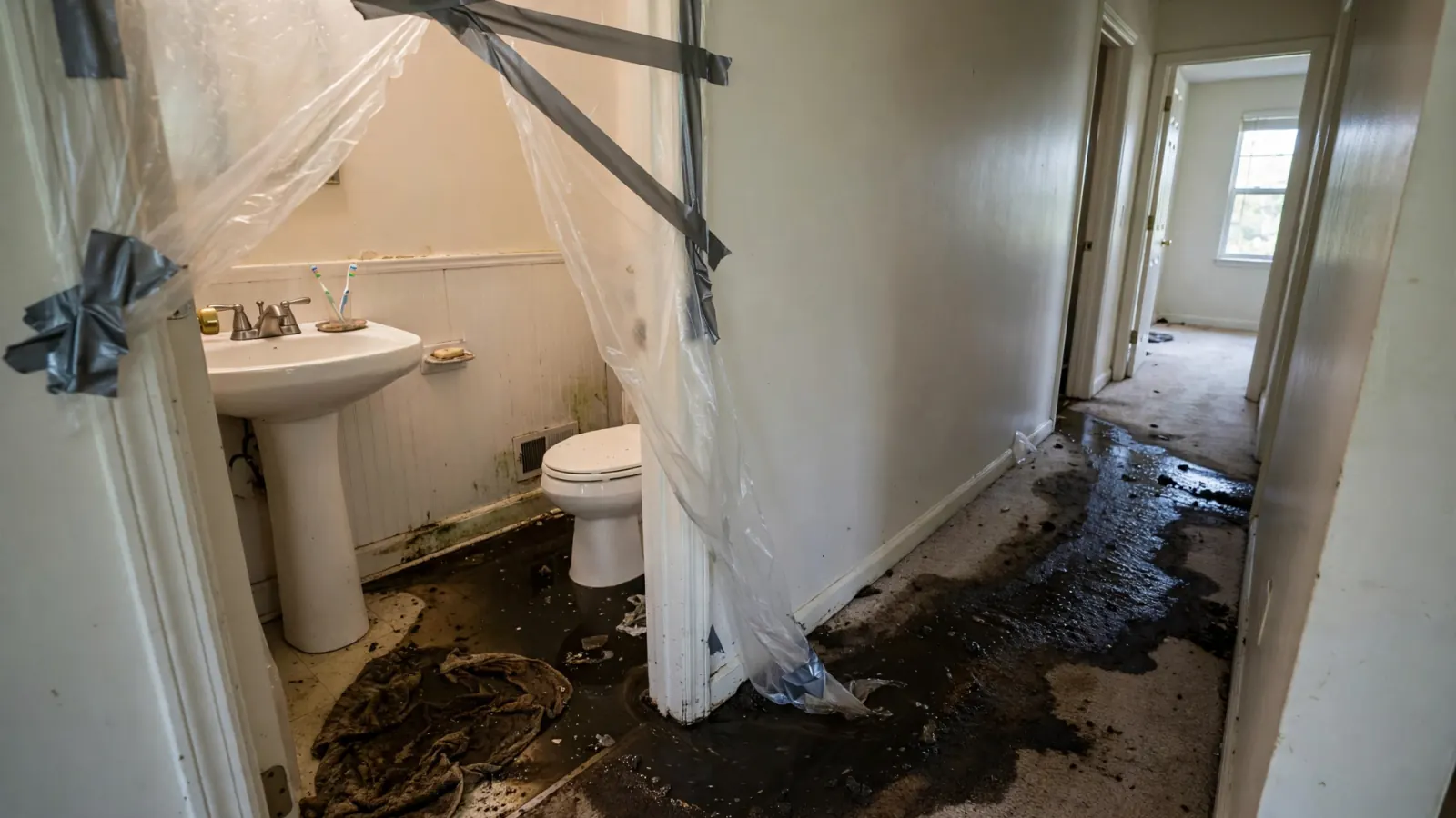 Before: Sewage-contaminated bathroom floor with containment at the doorway