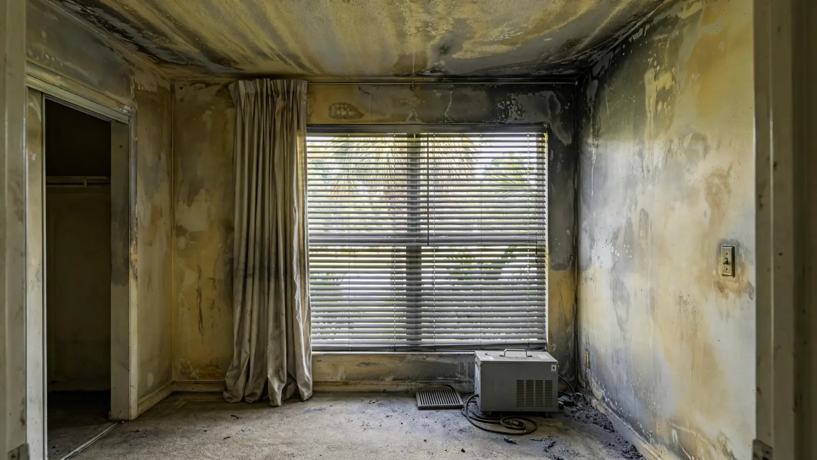 Before: Yellow and grey smoke stains on bedroom walls and ceiling
