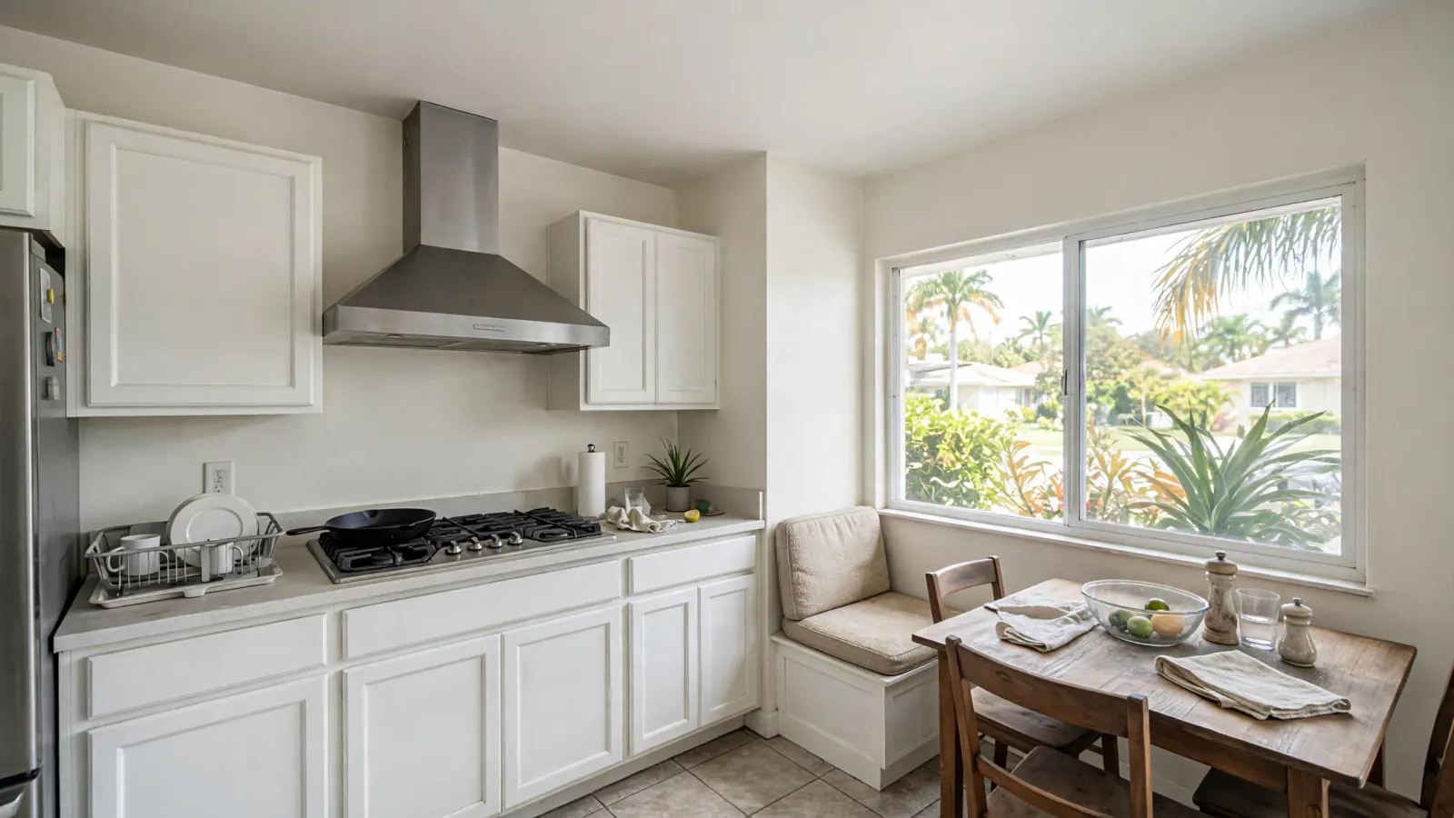 After: The same kitchen and breakfast nook cleaned and repainted