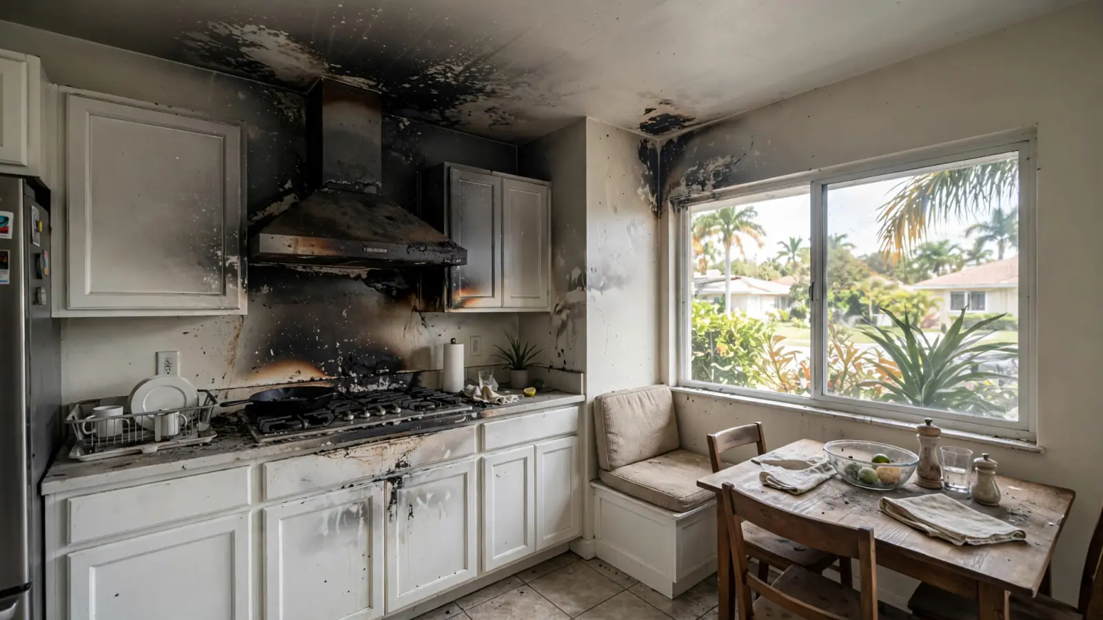 Before: Soot across the ceiling, range hood and cabinets after a stove fire