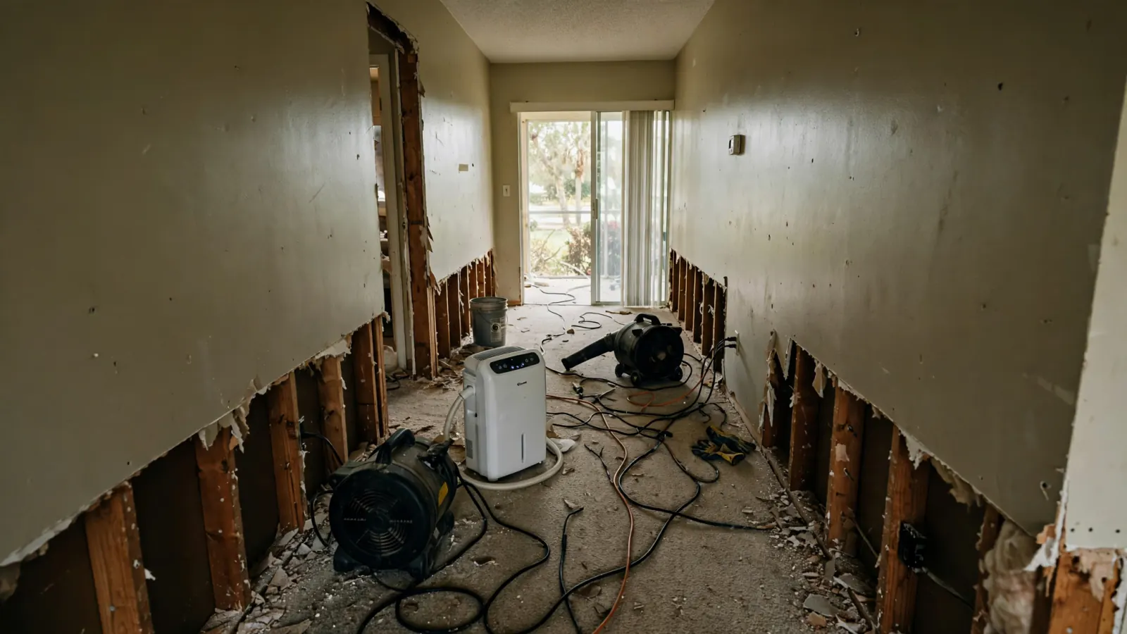 Before: Hallway with the lower drywall removed and drying equipment running