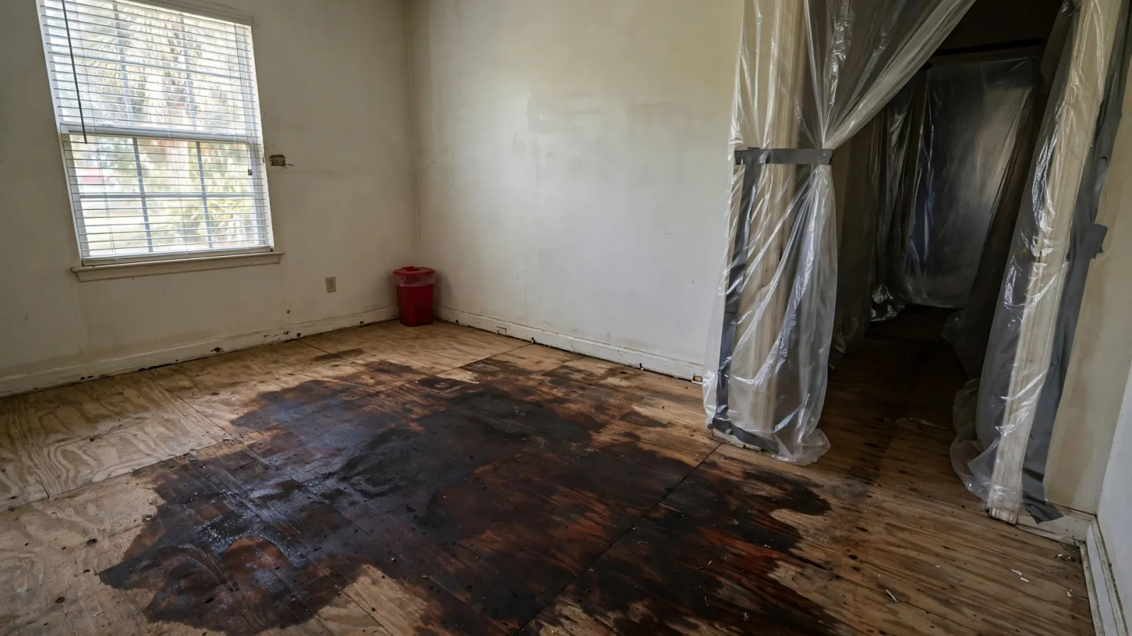 Before: Bare subfloor with a large stain and plastic sheeting over the doorway