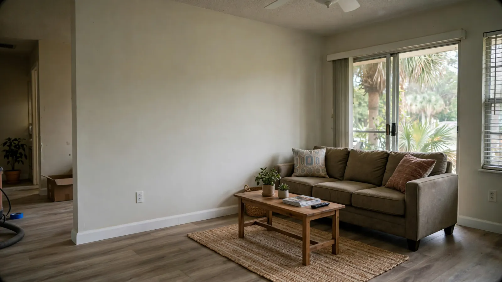 After: The same living room rebuilt and furnished