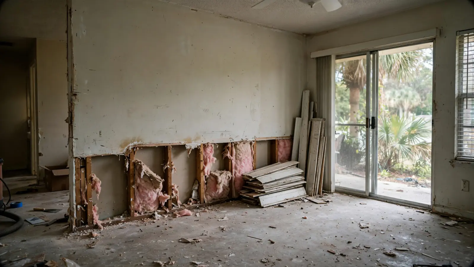 Before: Living room with the lower drywall and insulation removed