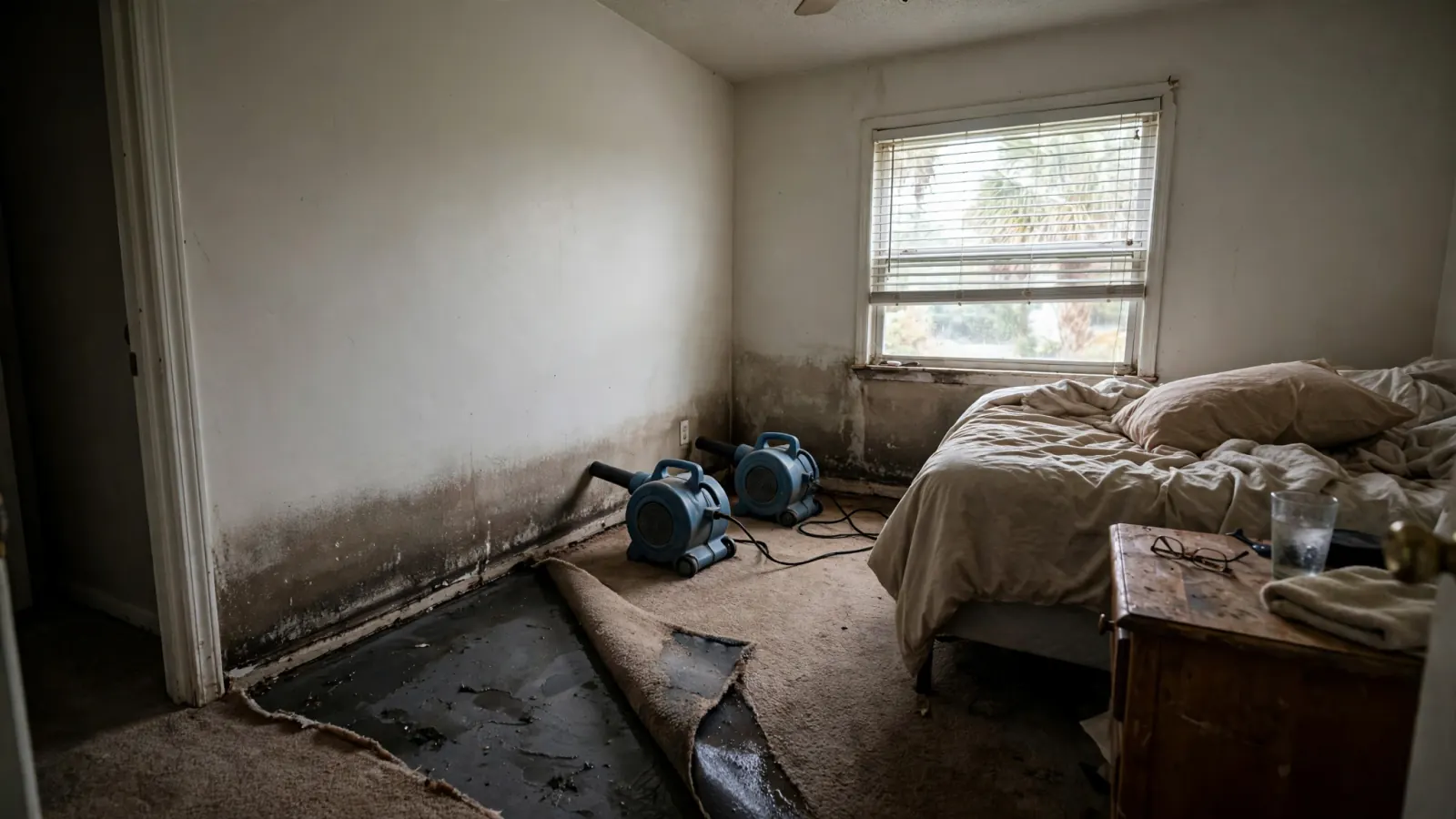 Before: Wet carpet pulled back and air movers drying a bedroom