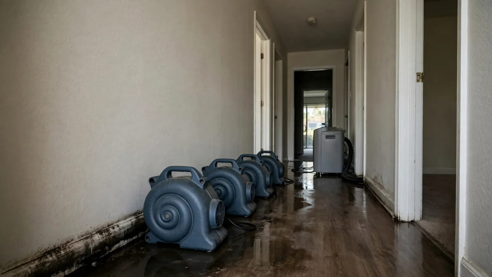 Row of air movers and a dehumidifier drying a hallway after a water leak