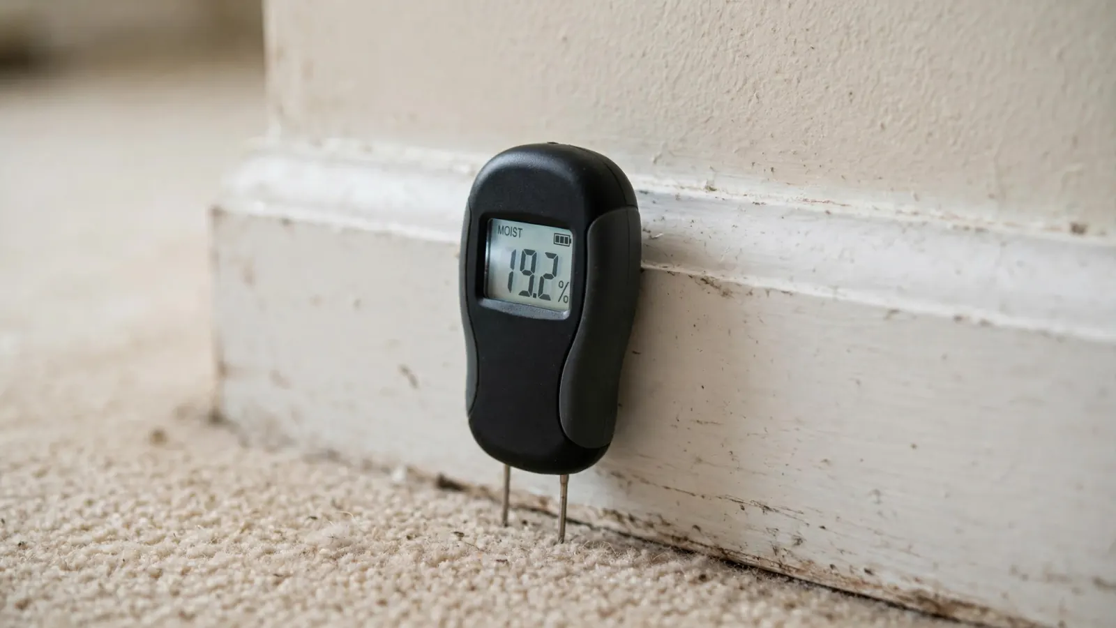 Pin moisture meter taking a reading in a baseboard after water damage