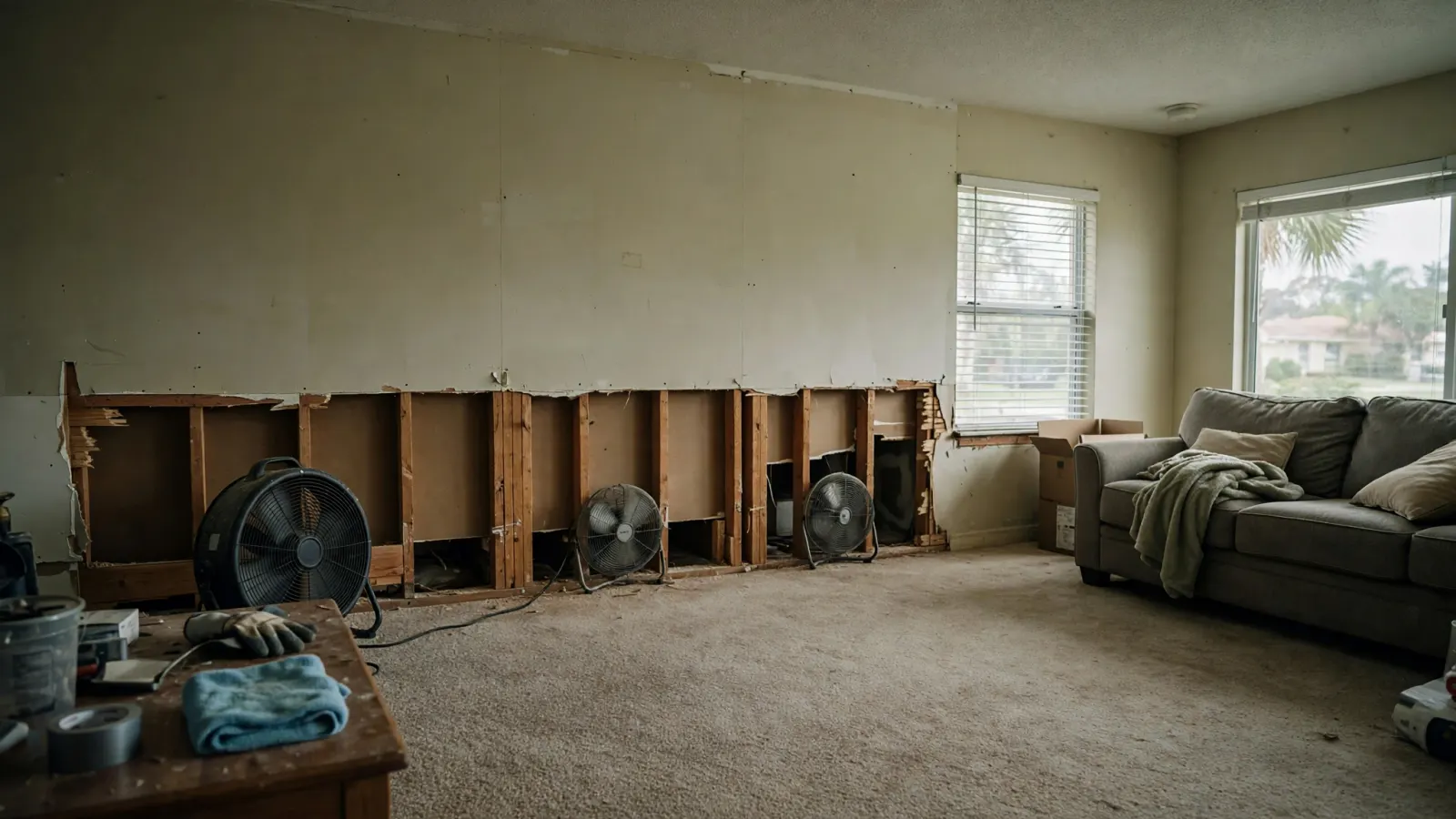 Drywall removed two feet up the wall with fans drying the exposed studs