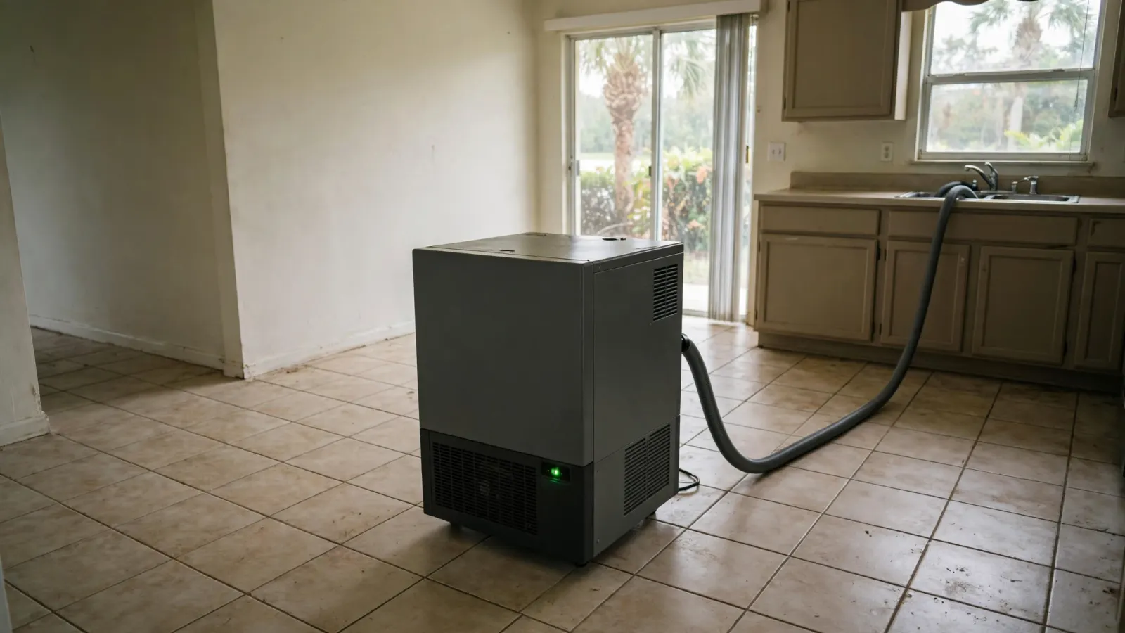 Commercial dehumidifier running in a Florida living room during structural drying