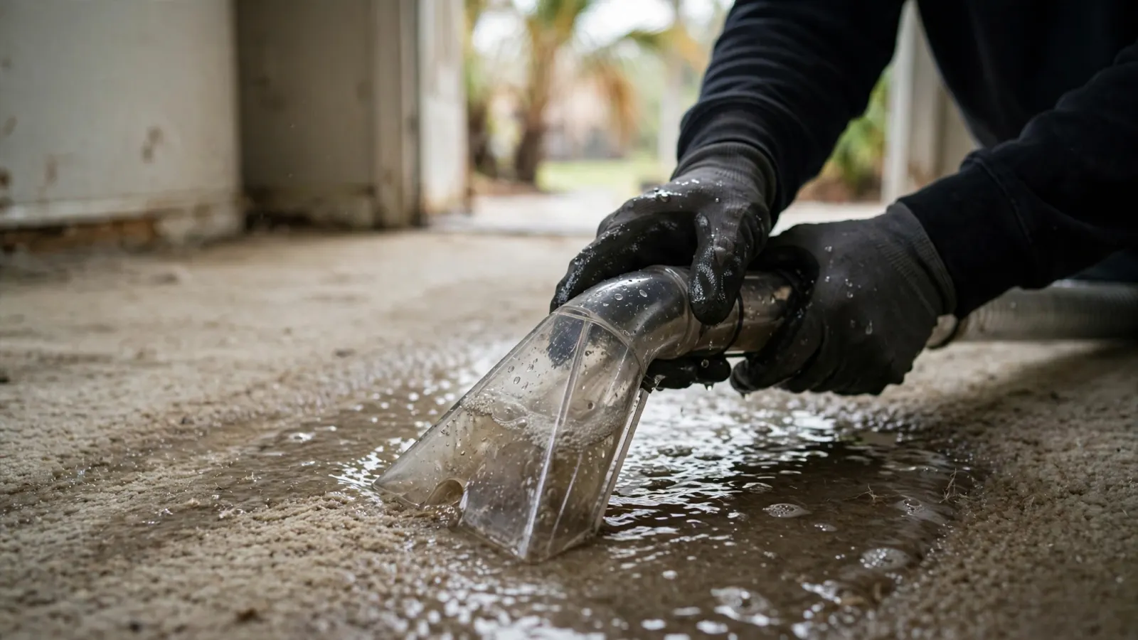 Gloved hands pushing a carpet extraction wand across soaked carpet
