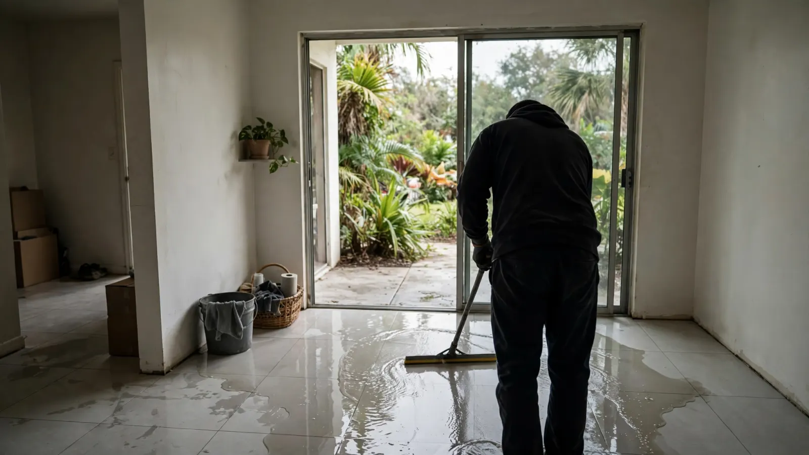 Worker squeegeeing standing water across porcelain tile toward a sliding door