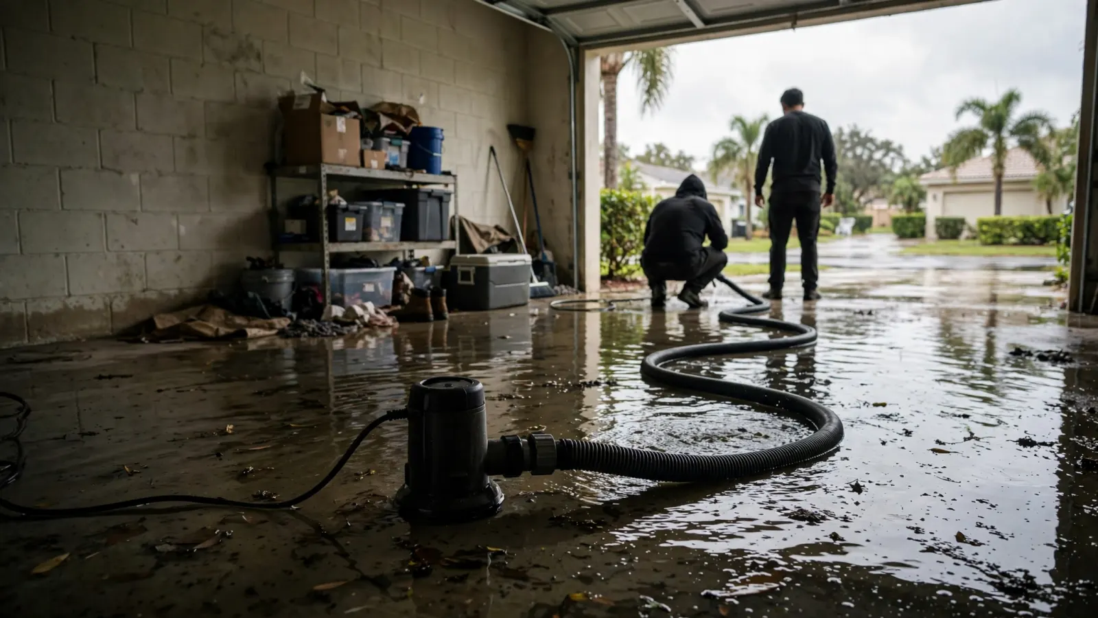 Submersible pump with discharge hose in ankle-deep water in a Florida garage