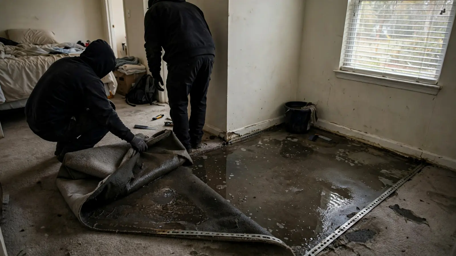 Wet carpet and pad peeled back from a bedroom corner exposing a damp concrete slab