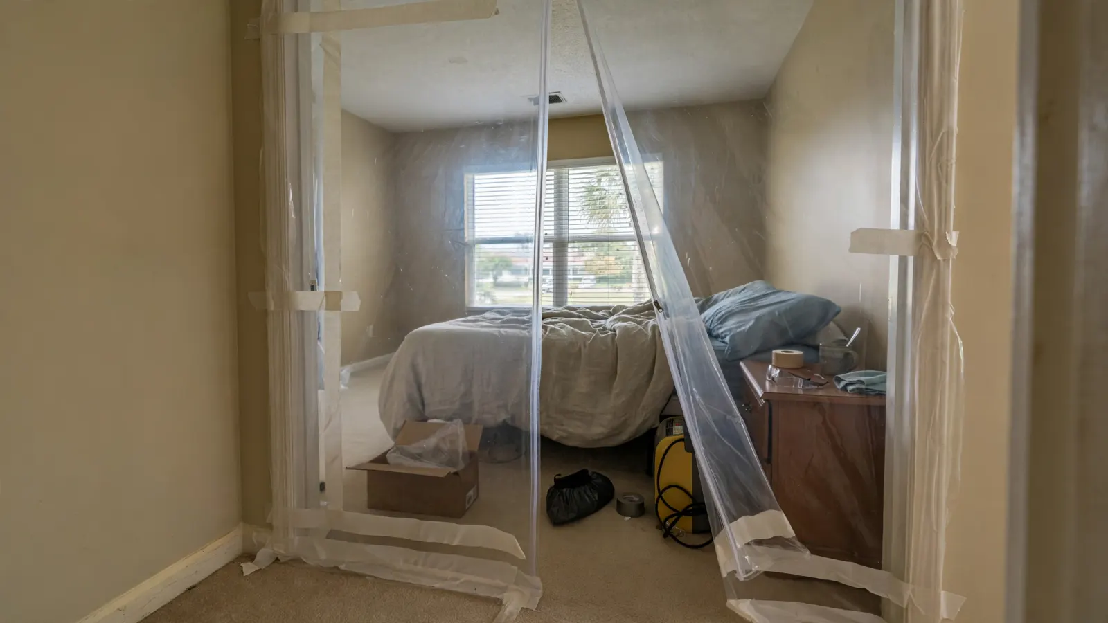 Plastic containment barrier with zipper door set up for mold remediation