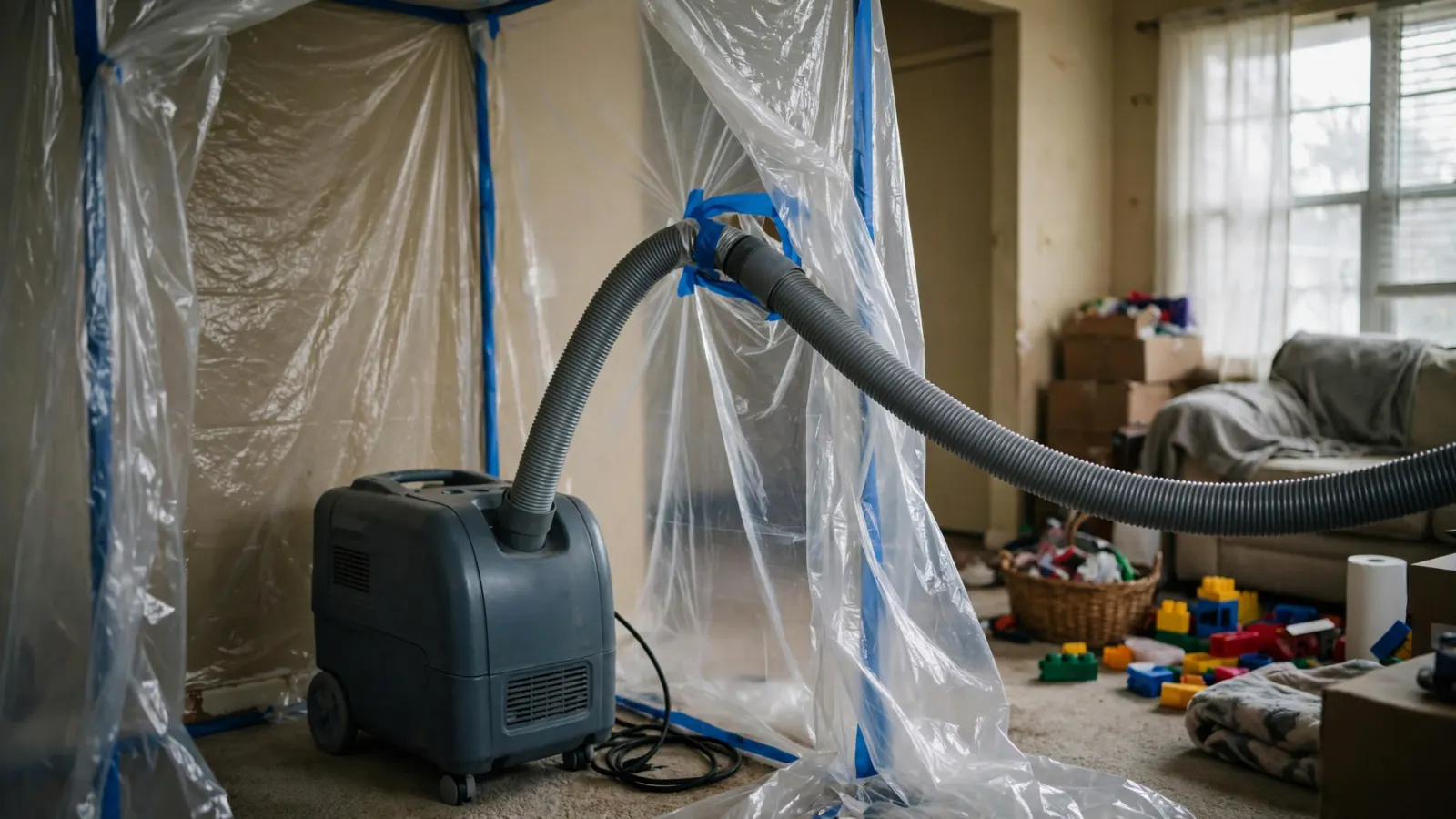 HEPA air scrubber running inside a mold containment area