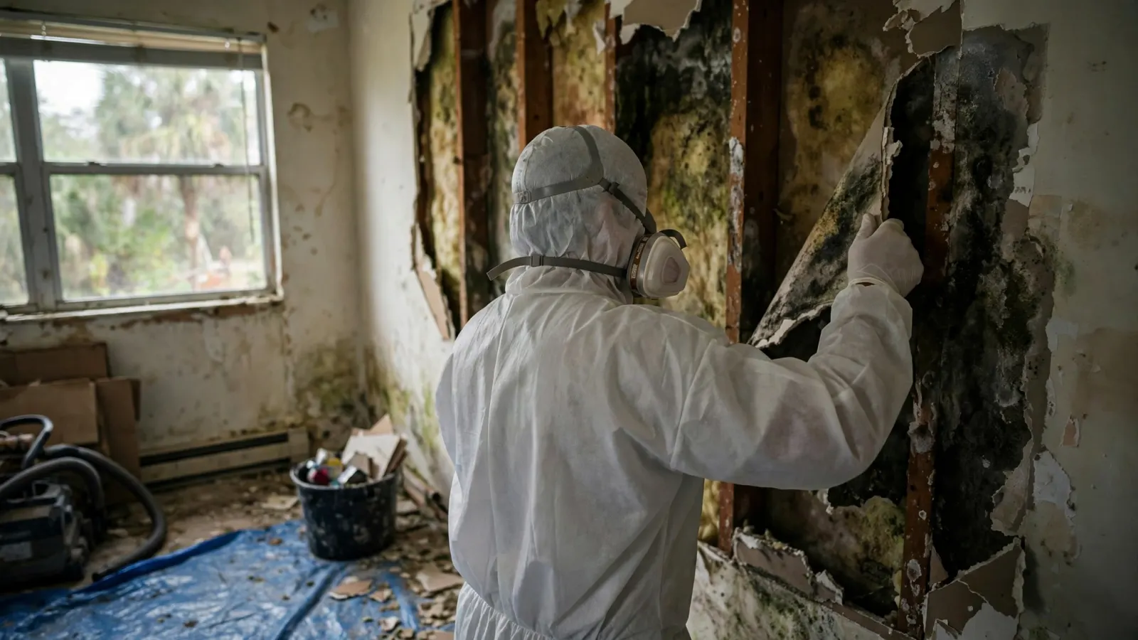Worker in a protective suit removing mold-damaged drywall