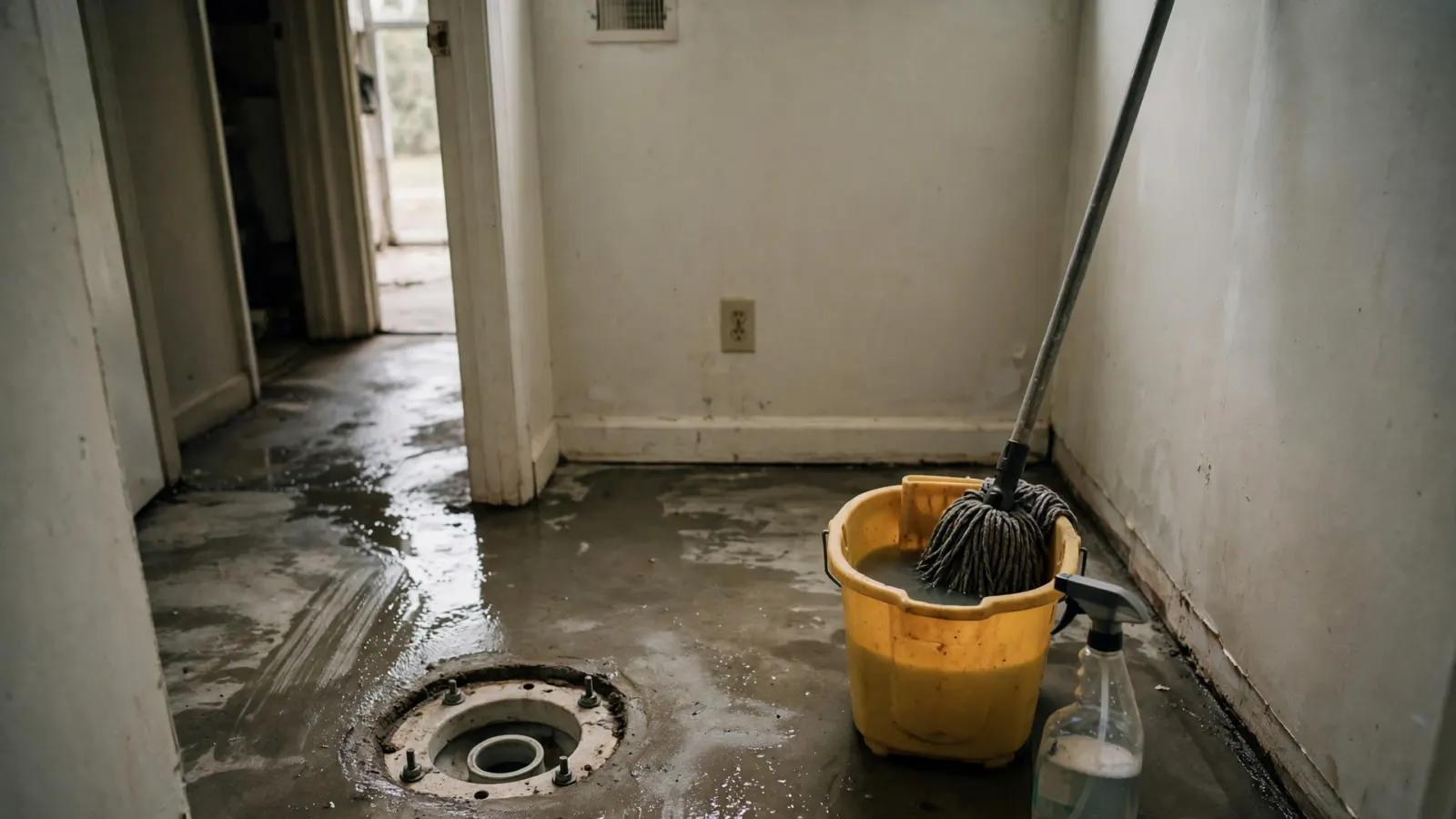 Bathroom with the toilet removed and the floor stripped to concrete during sewage cleanup