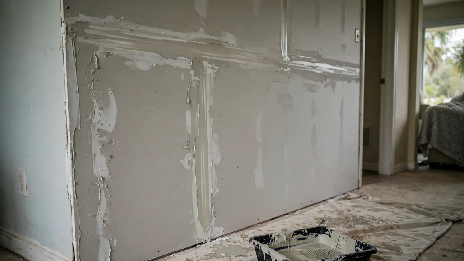 New drywall panels being taped and finished after water damage repair