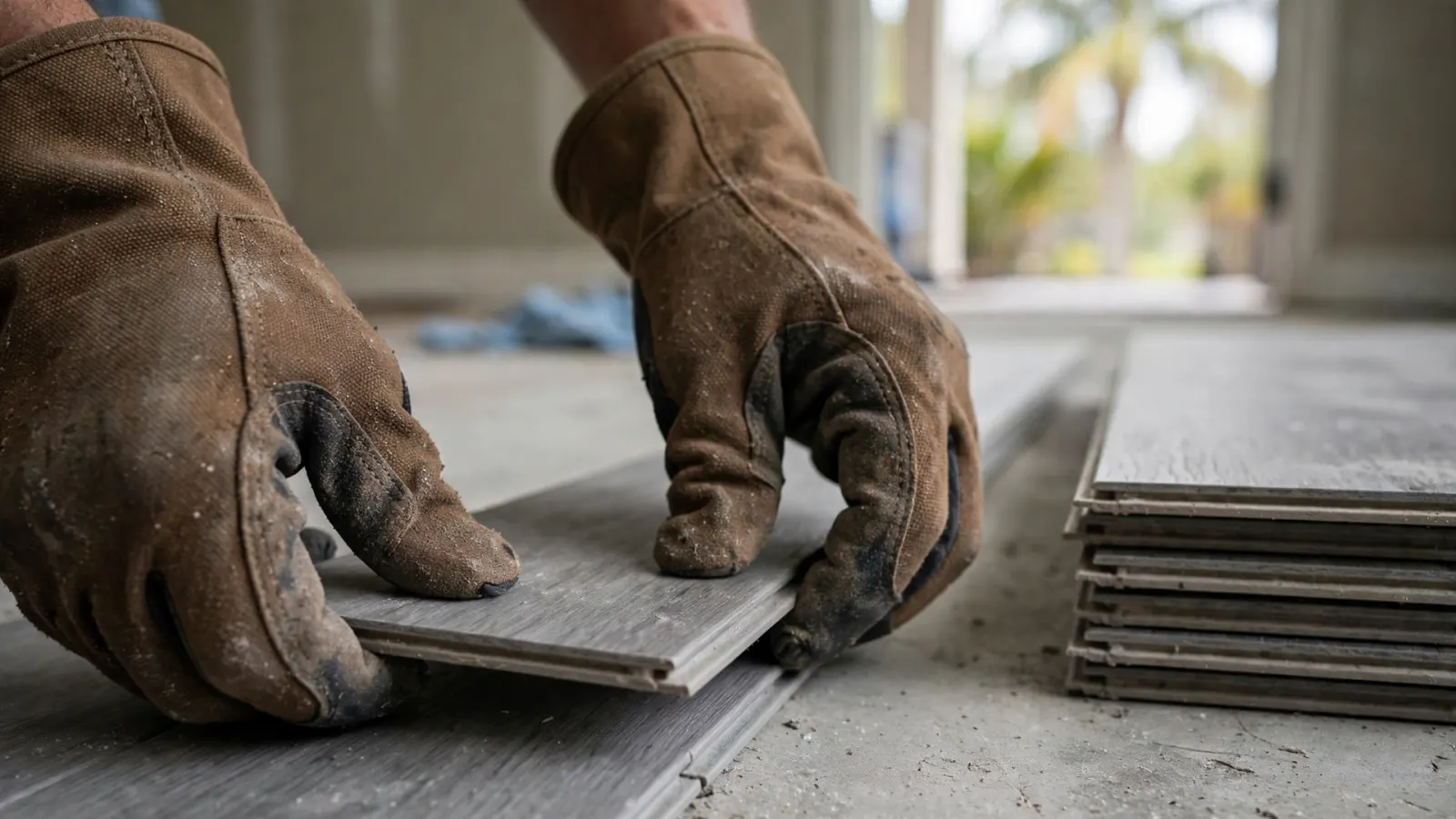 Luxury vinyl plank flooring being installed after a water damage repair
