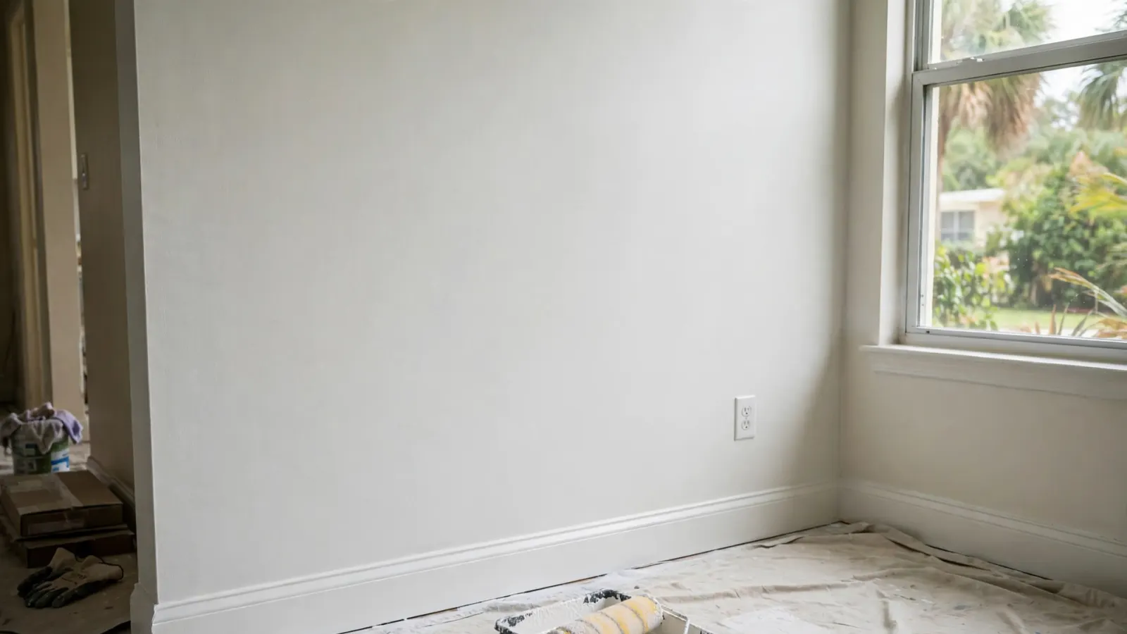 Freshly painted living room wall after water damage reconstruction