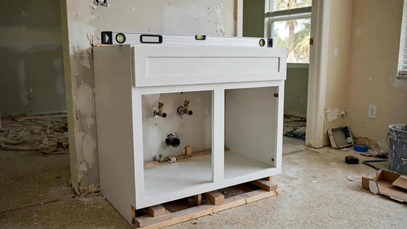 New kitchen base cabinet being installed after a leak under the sink