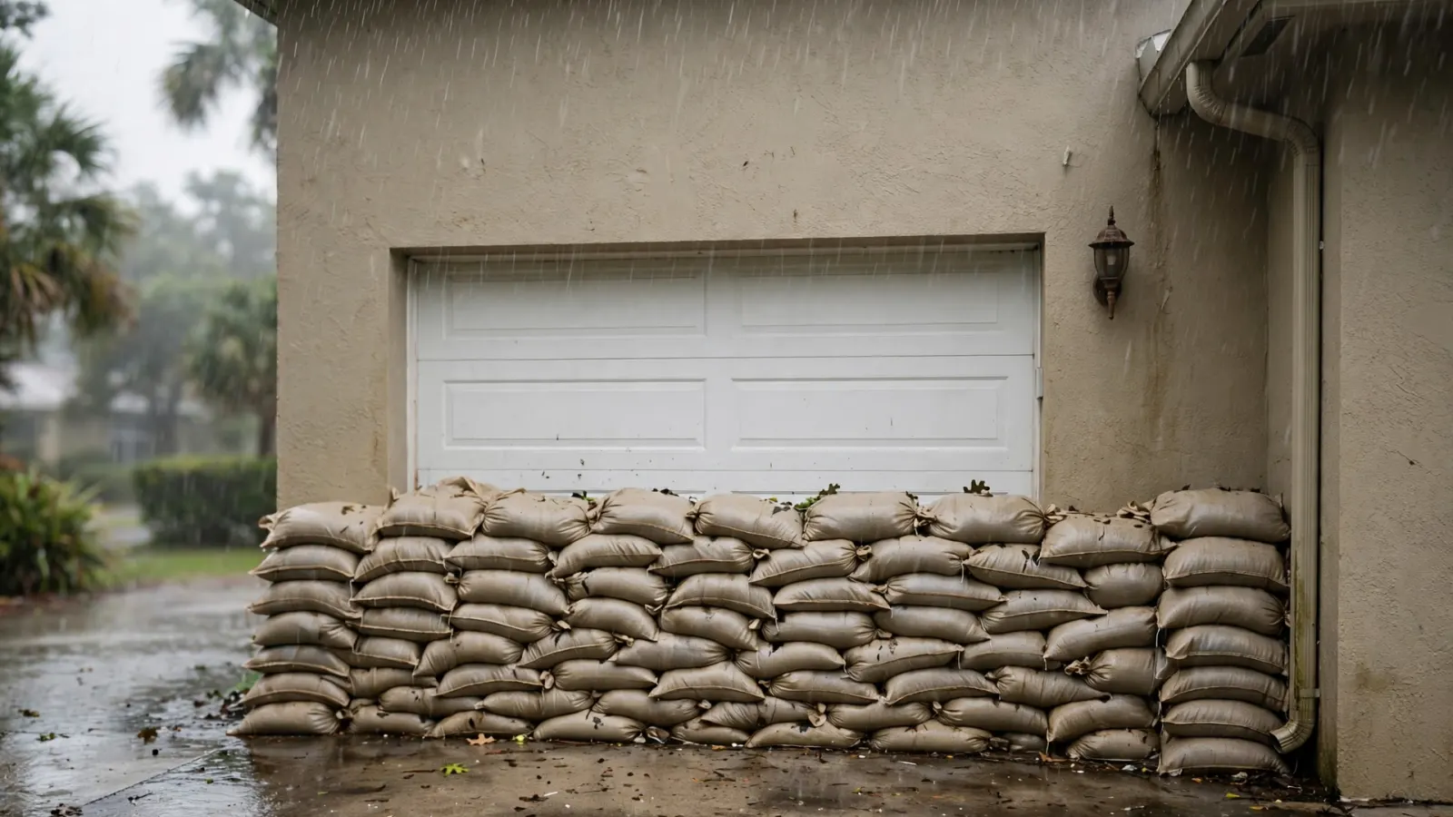 Sandbags stacked against a garage door during a Florida storm