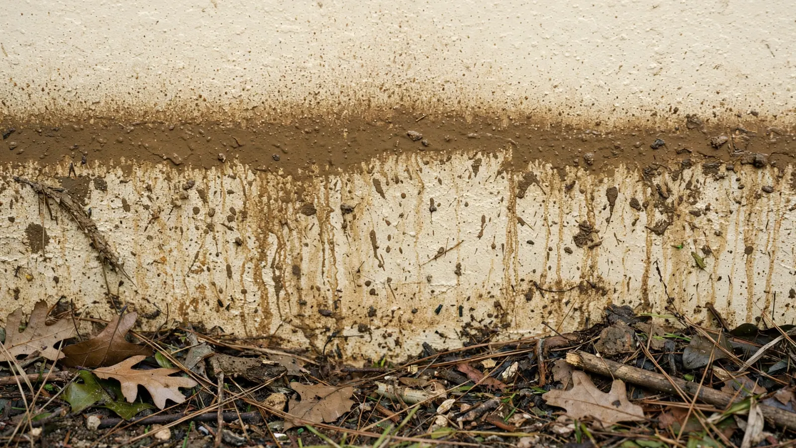 Muddy flood water line on the stucco wall of a Florida home after a storm