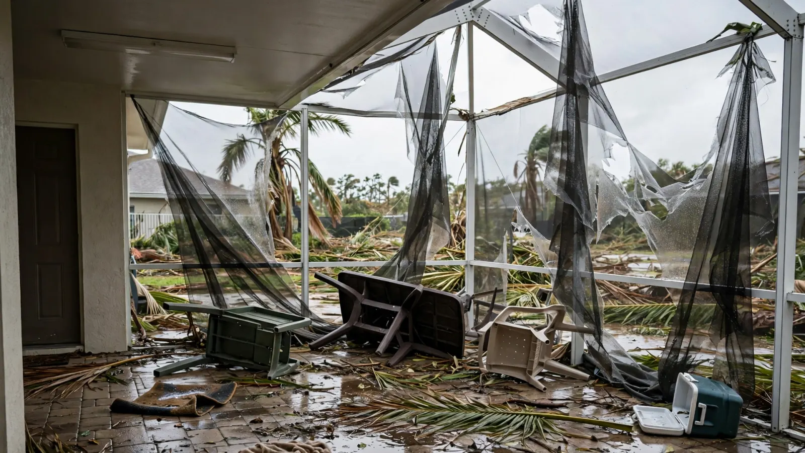 Storm-damaged screened lanai with puddles and debris after a hurricane