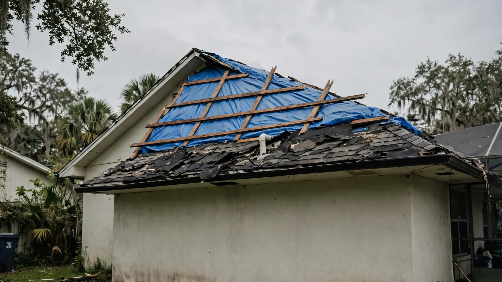 Blue emergency tarp secured over a damaged roof after a storm in Florida