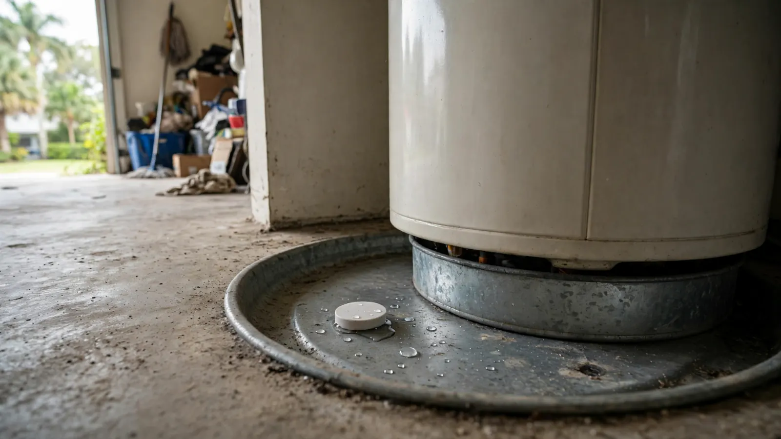 Round water leak sensor sitting in the drain pan under a water heater