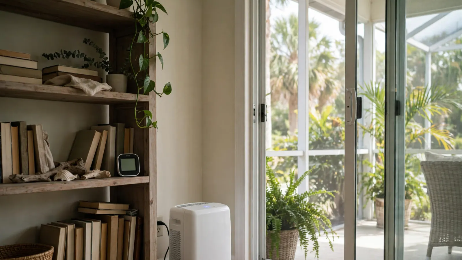 Bright Florida living room with a portable dehumidifier running beside a bookshelf and lanai door