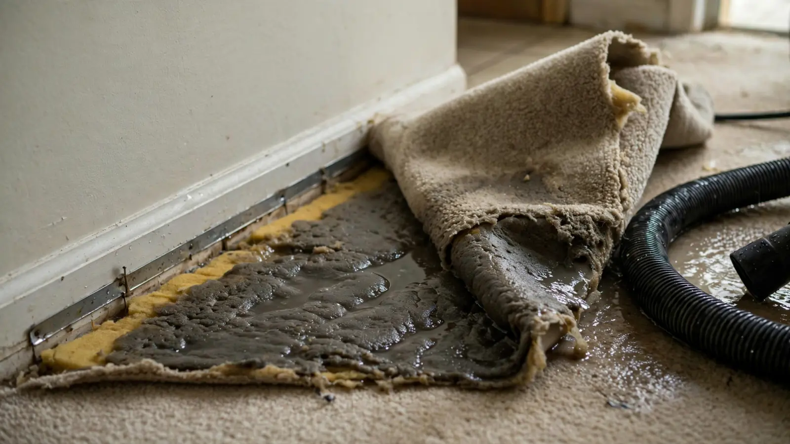 Soaked carpet folded back in a room corner showing the wet pad and tack strip, wet vacuum hose nearby