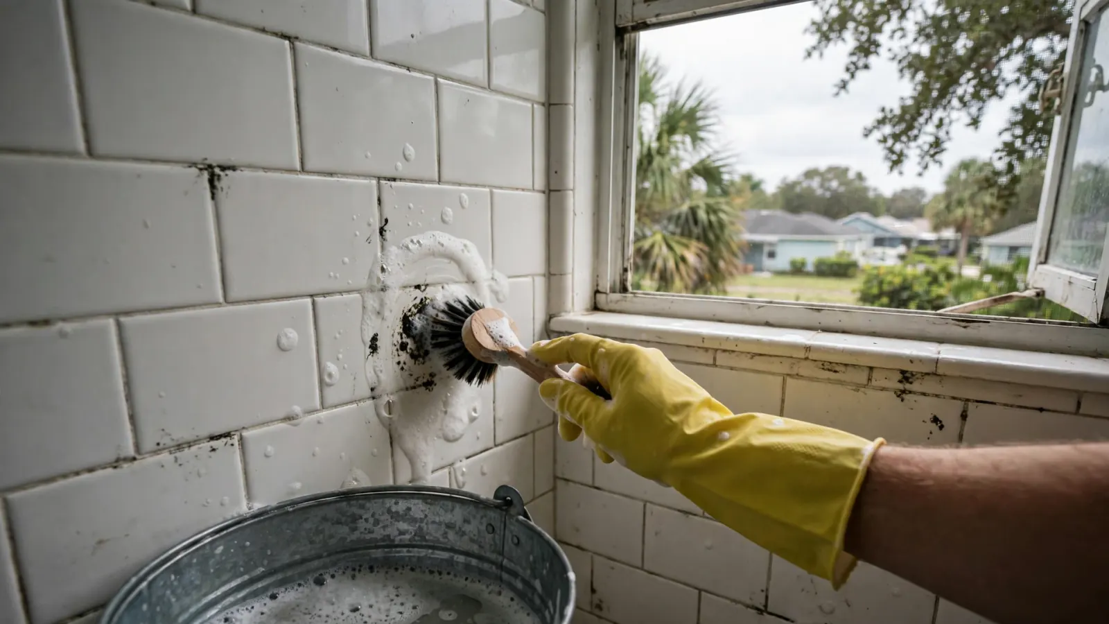 Gloved hand scrubbing mold off bathroom tile with soapy water beside an open window