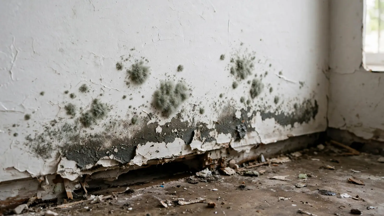 Patches of gray-green mold growing low on a wet drywall wall above a removed baseboard