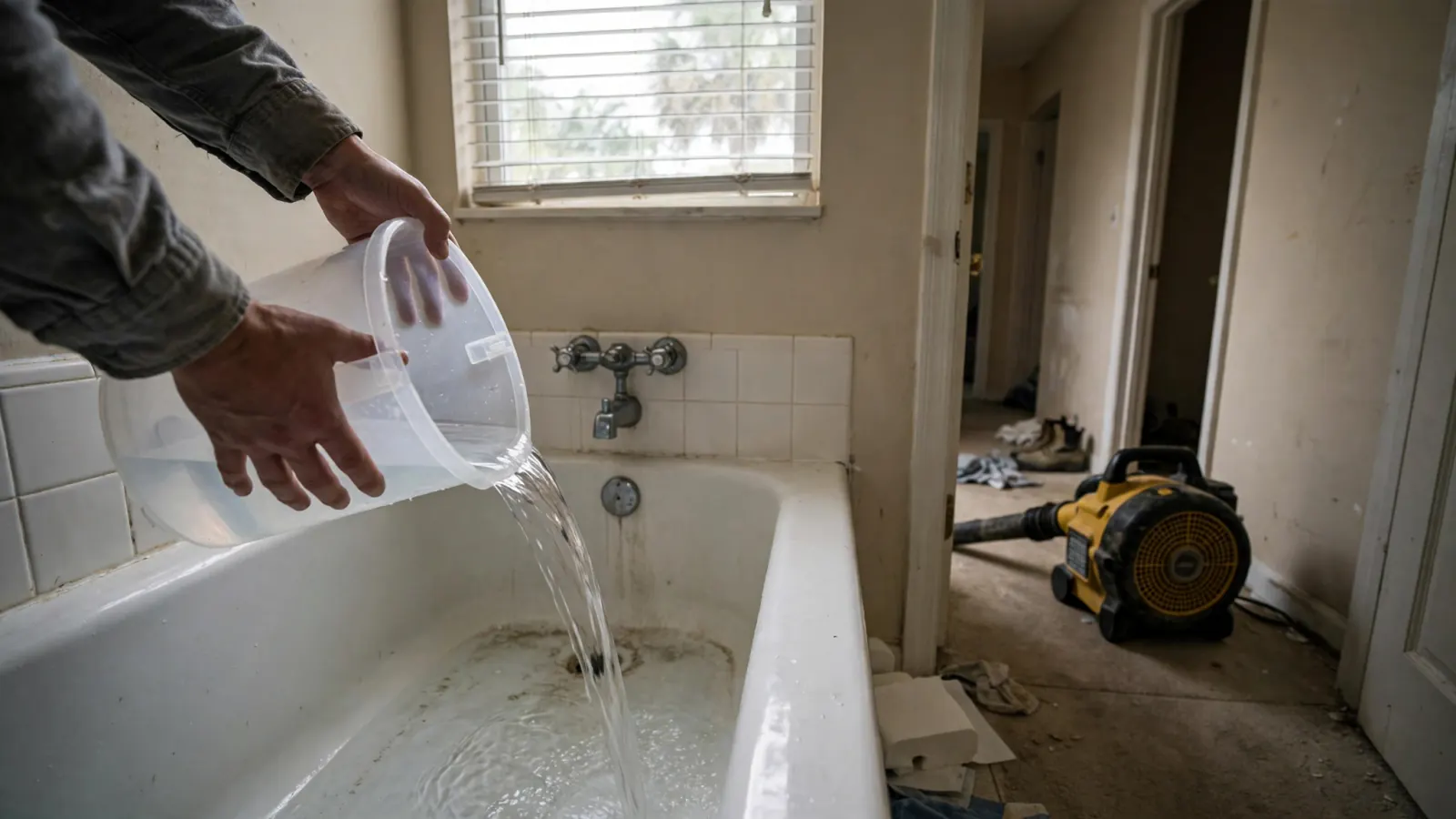 Hands emptying a full dehumidifier bucket into a bathtub while an air mover runs in the hallway