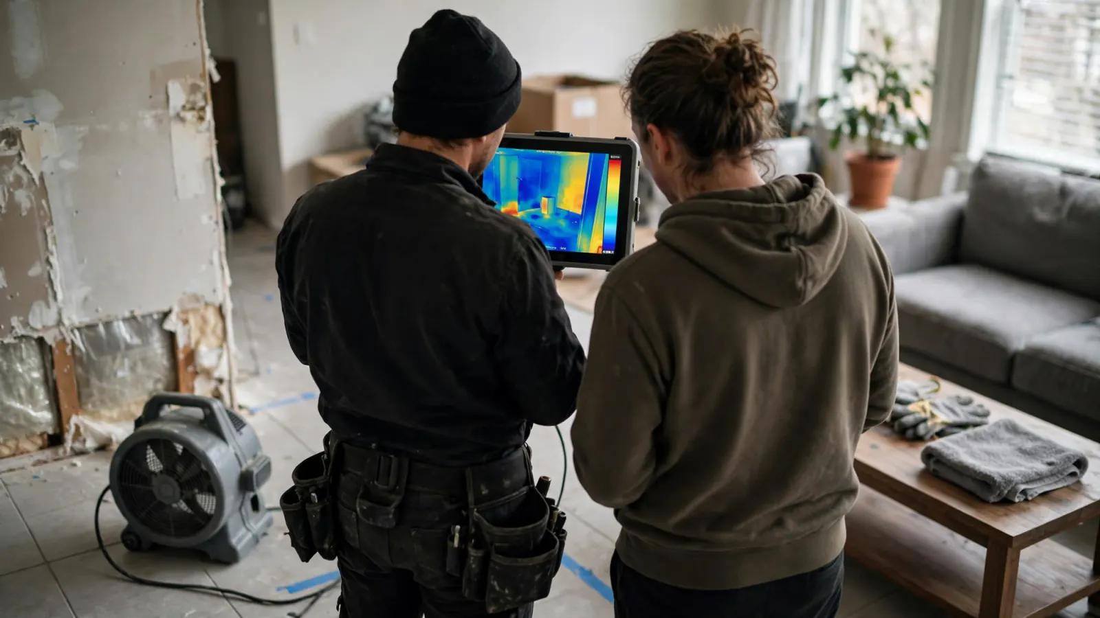 Technician showing a homeowner a thermal camera reading