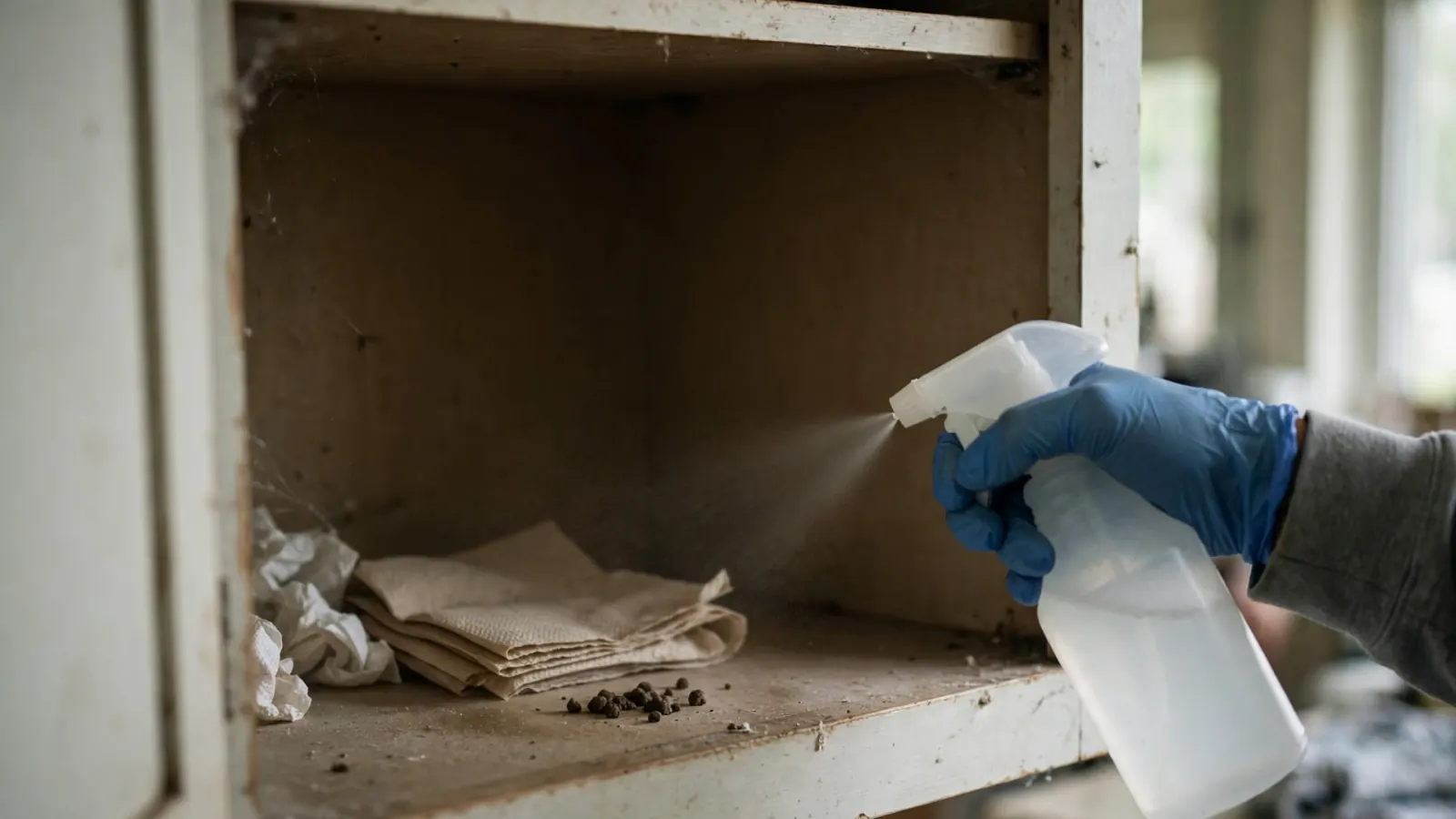 Gloved hand spraying disinfectant on rodent droppings in an emptied kitchen cabinet