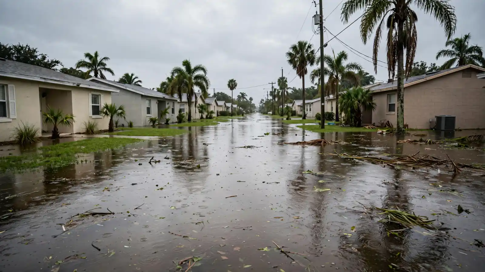 Low-lying Florida street with rainwater covering the road and lawns in front of single-story homes