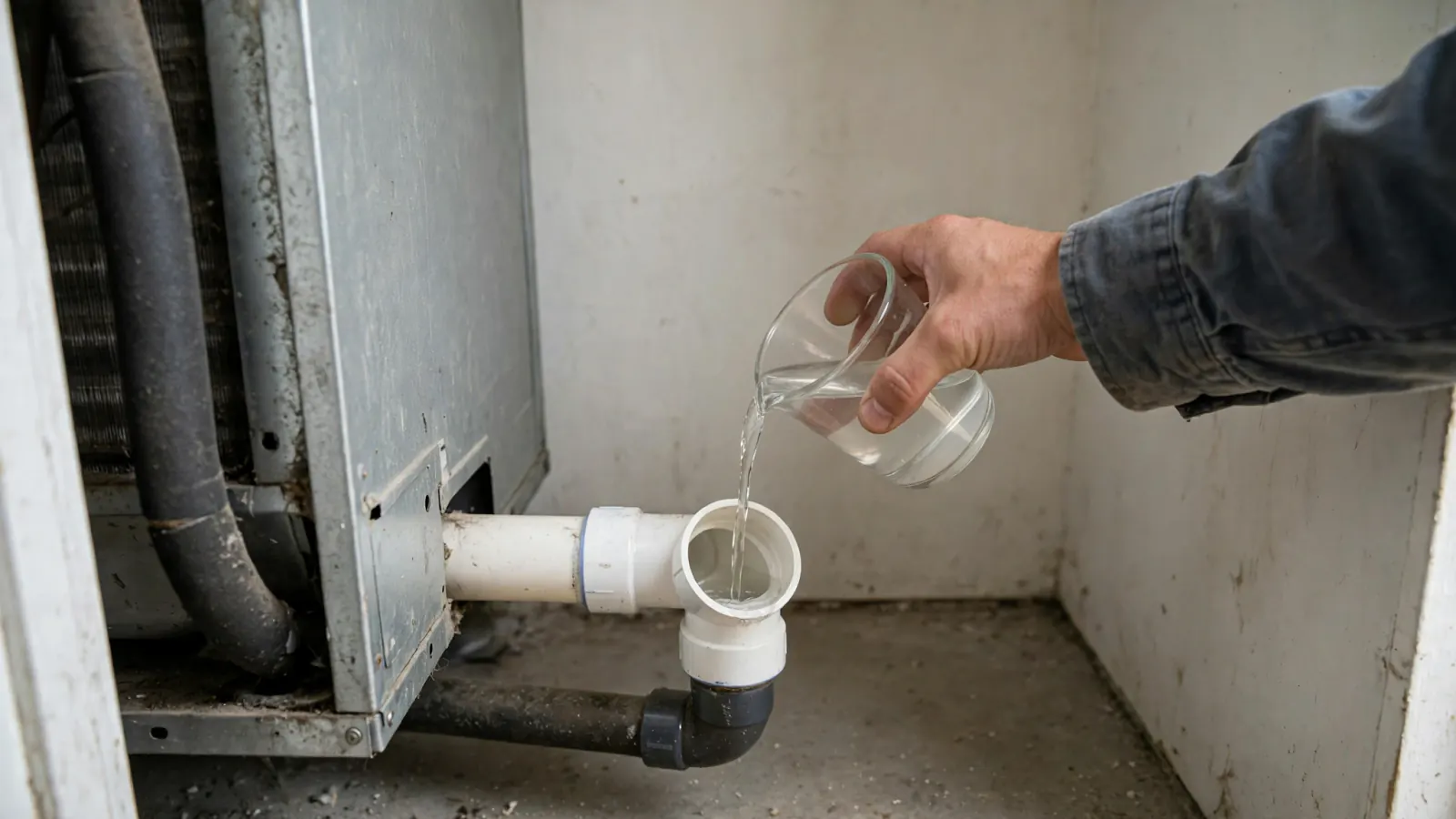 Hand pouring white vinegar into the PVC cleanout of an AC condensate drain line by the air handler