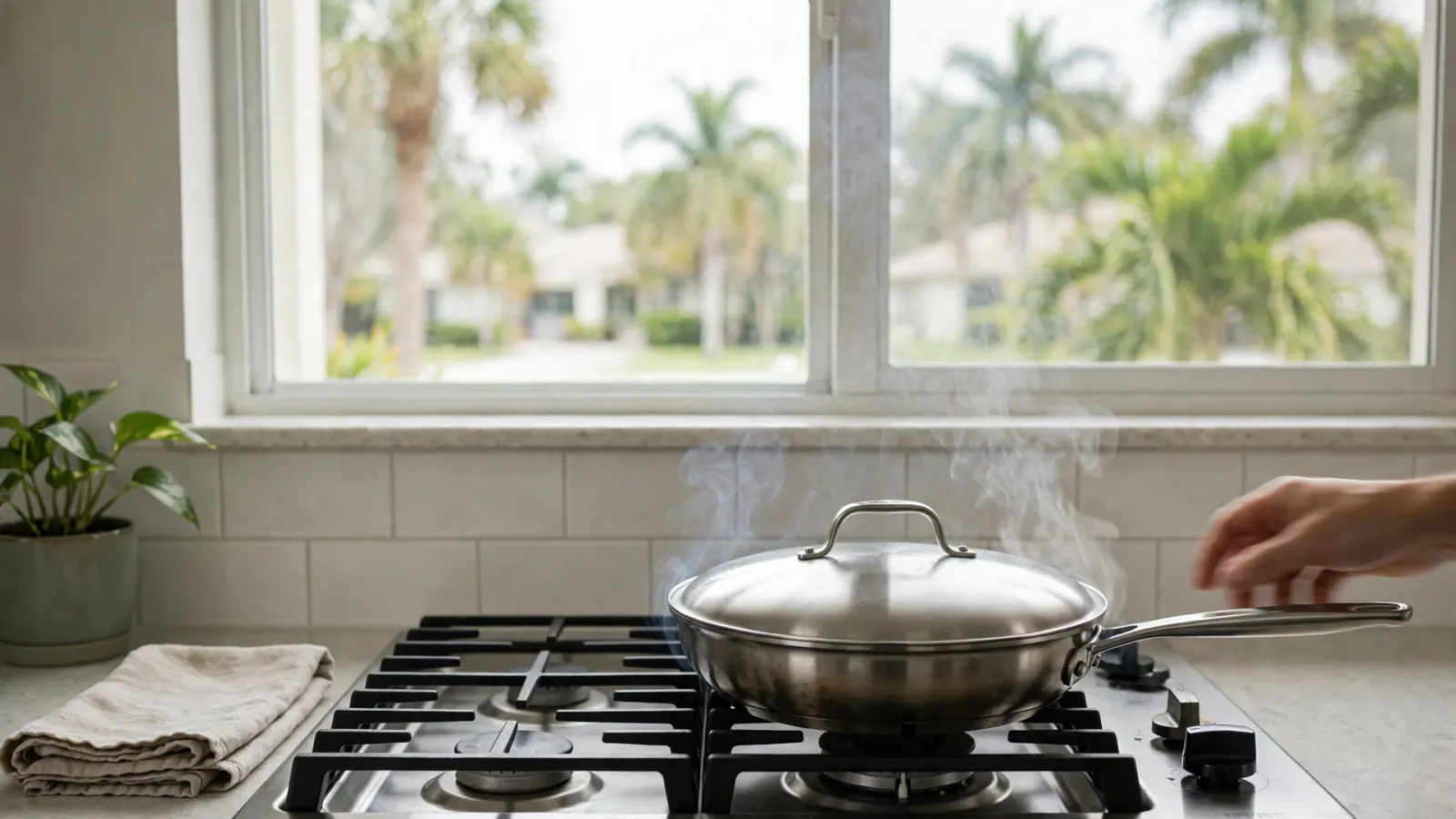 Lid covering a frying pan on a gas stovetop with the burner turned off