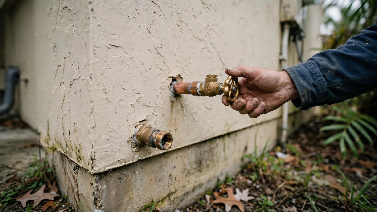 Hand turning the brass main water valve on a pipe at the stucco wall of a Florida house