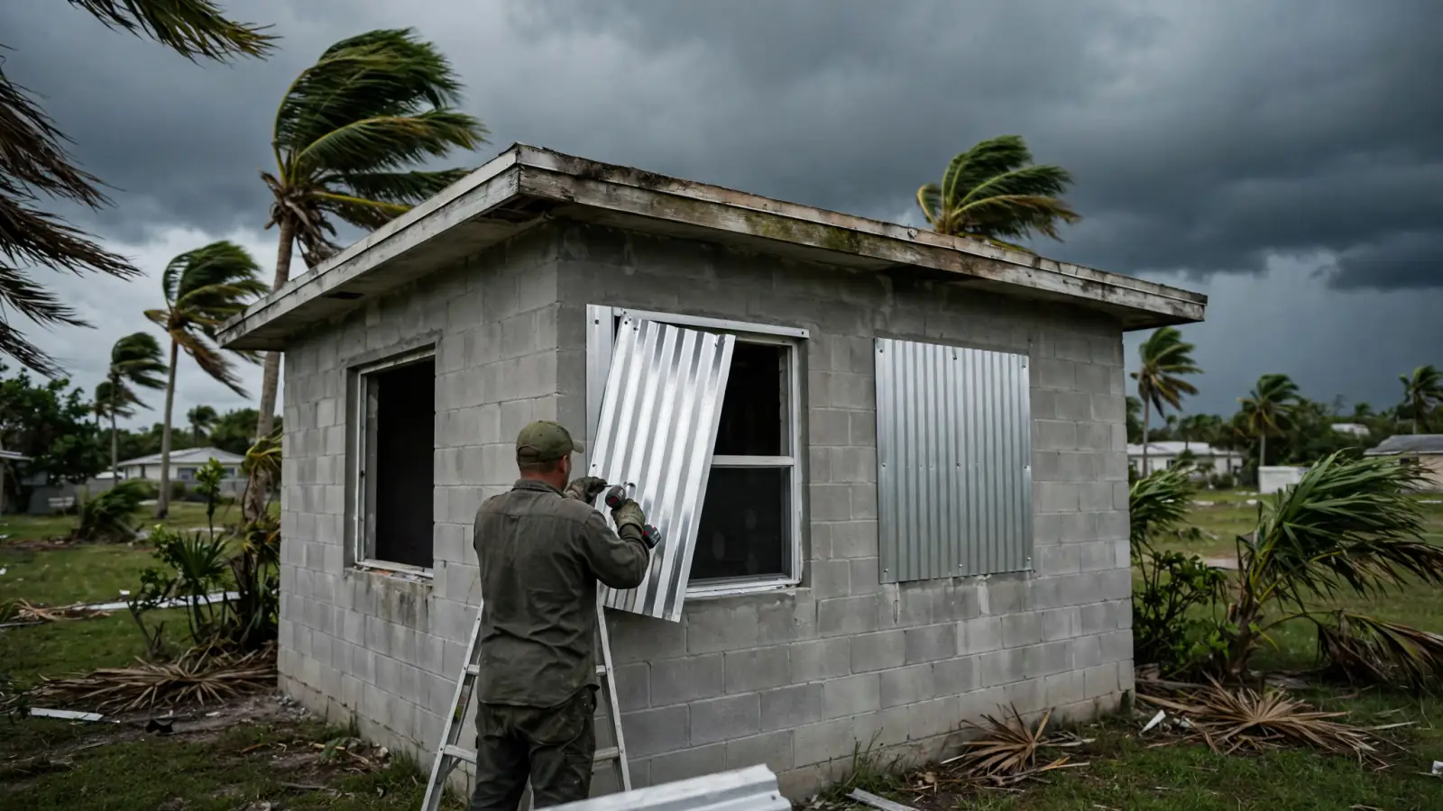 Homeowner installing storm shutters on a block home as a storm approaches
