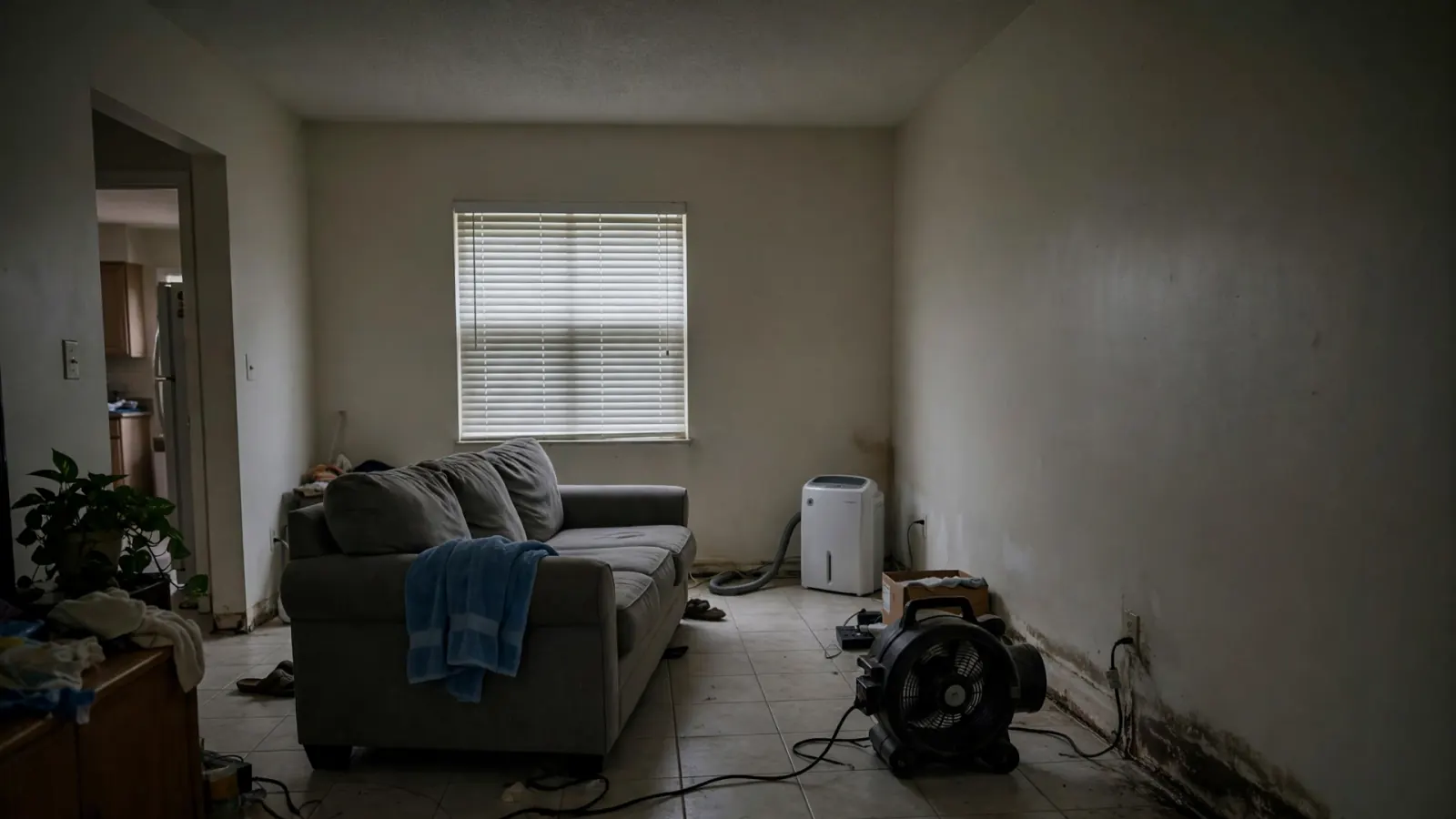 Living room with the sofa moved aside while an air mover and dehumidifier dry the walls