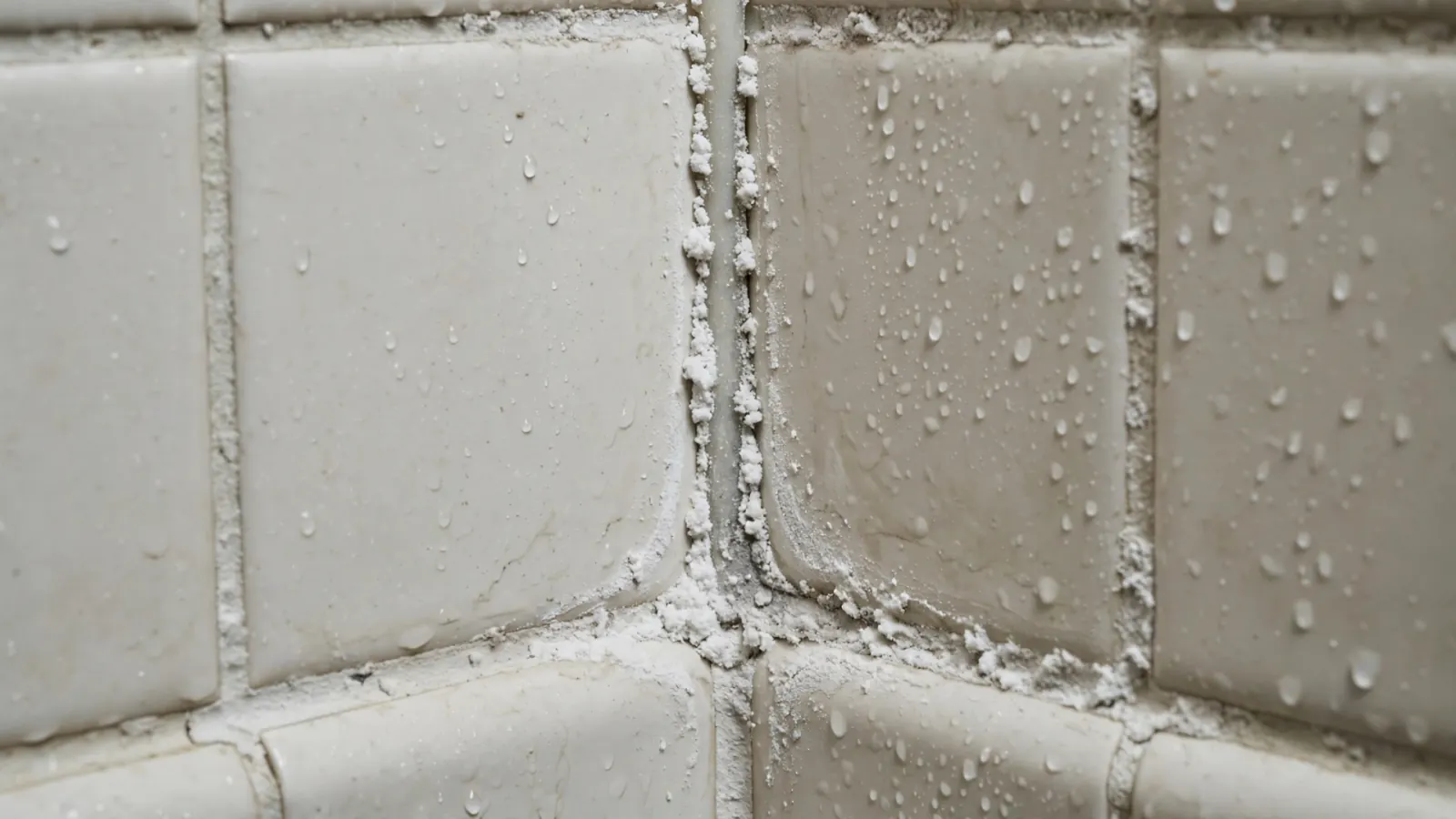 White mildew along the grout lines and caulk in the corner of a tiled shower