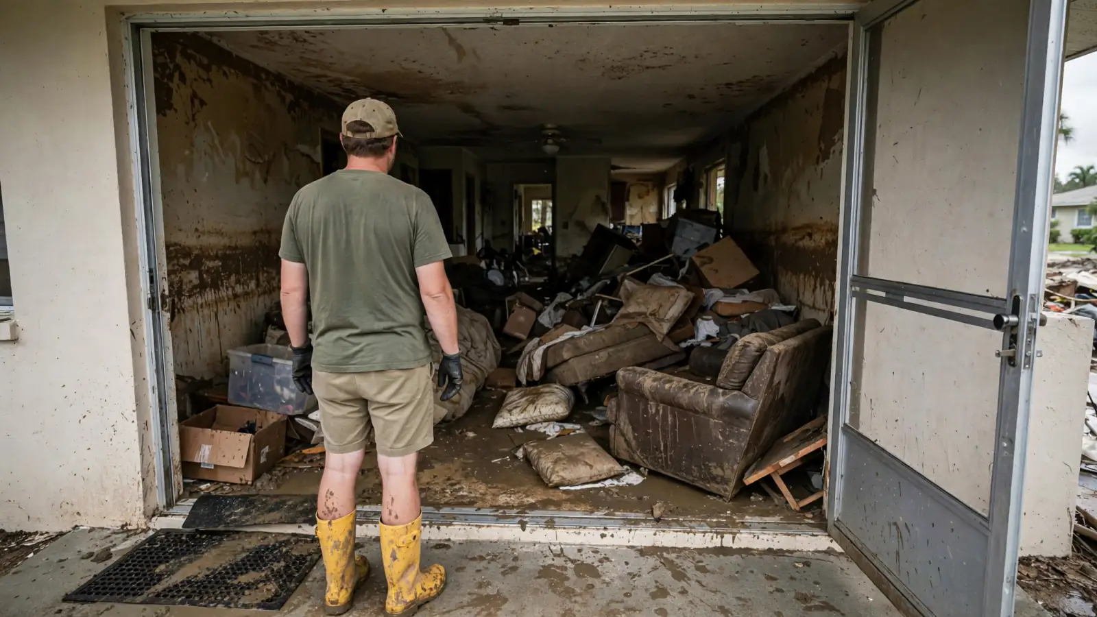 Homeowner in rubber boots standing at the doorway of a flooded house with soaked furniture inside