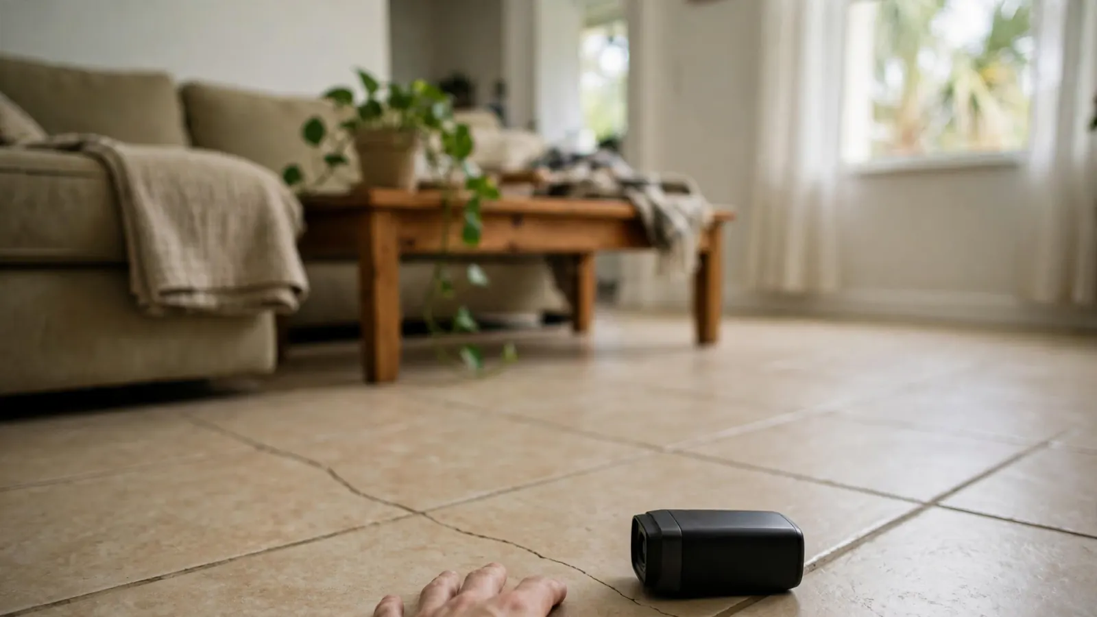 Hand pressed flat on a tile living room floor checking for a warm spot, a thermal camera beside it